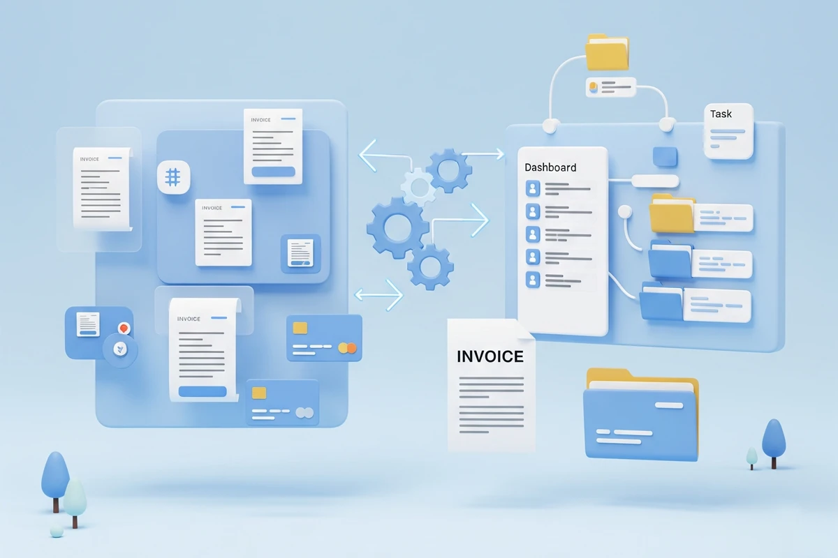 Illustration of synced billing with invoices, file folder, and dashboard gauges