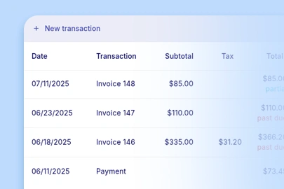 Transaction list in CaseRM practice management software — invoices and payments