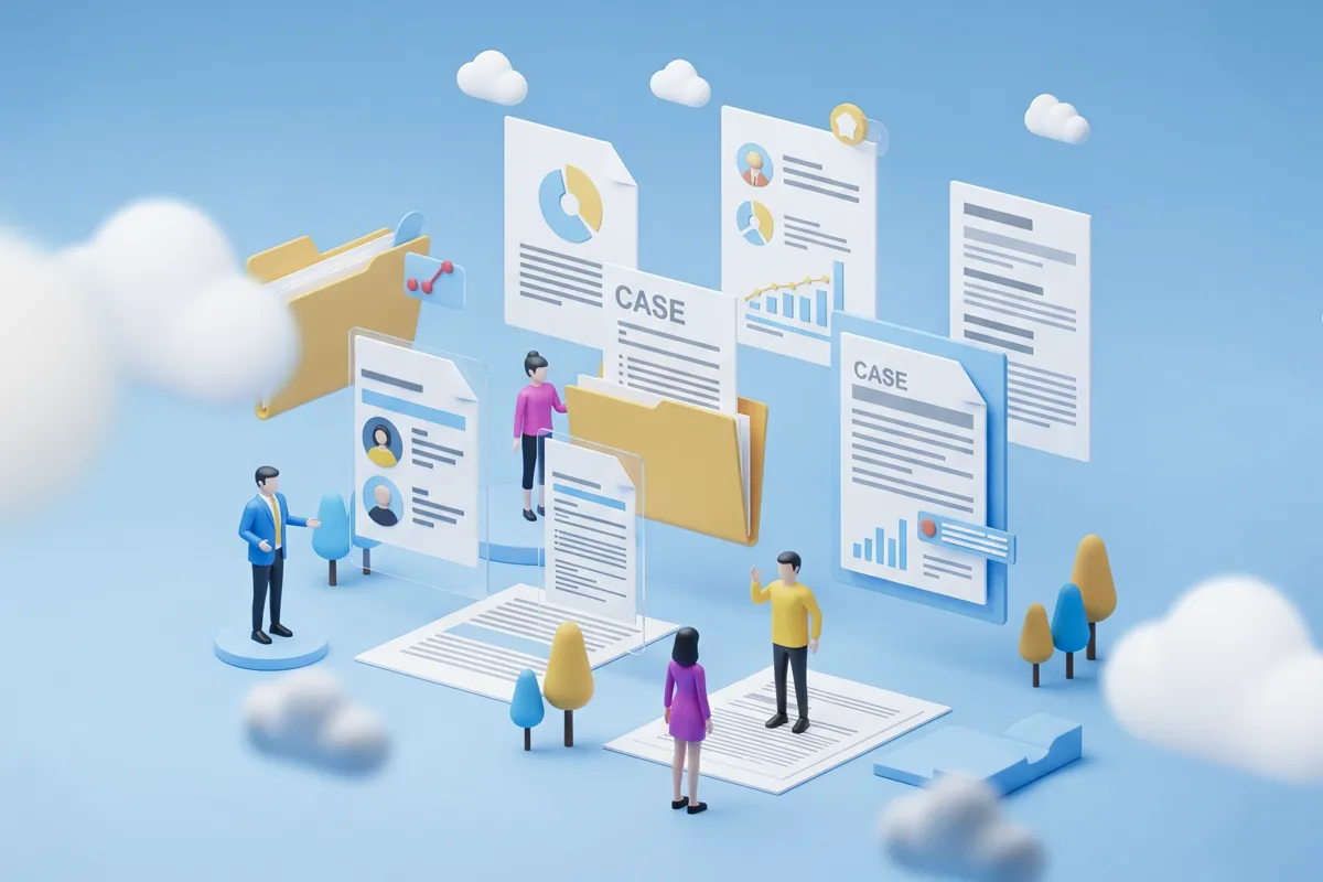 Illustration of case folders, documents, and people representing case file vs. client-based care management