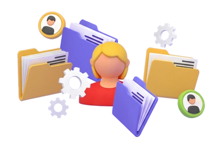 Illustration of a person with file folders and performance gauges, representing CaseRM’s ability to adapt to different workflows and working styles