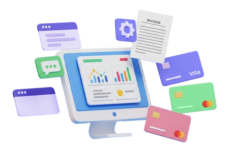 Illustration of a computer monitor displaying the CaseRM billing dashboard with an invoice modal, surrounded by floating credit cards, symbolizing smooth, automated payment processing