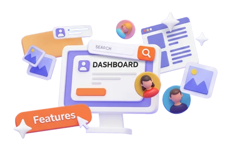 Illustration of the CaseRM dashboard showing profile circles, a modal window, a 'Features' button, and image placeholders, highlighting its intuitive and attractive design