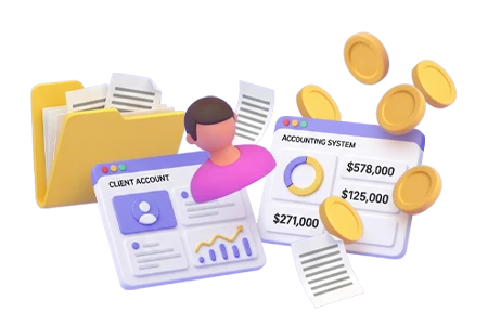 Illustration of a file folder, a client profile modal, and an 'Accounting System' modal with coins floating around, representing CaseRM’s built-in accounting integration