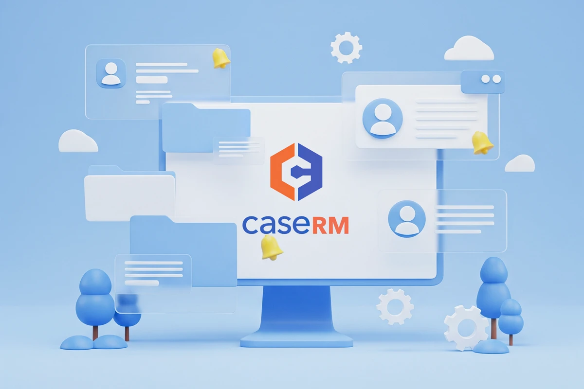 Monitor displaying CaseRM 2.0 logo with client profile cards, folders, and tablets floating around