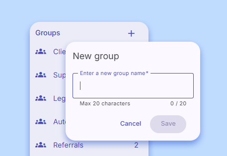 CaseRM contact groups screen with new group modal open