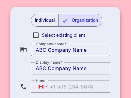 Contact type selector with options for individual or organization