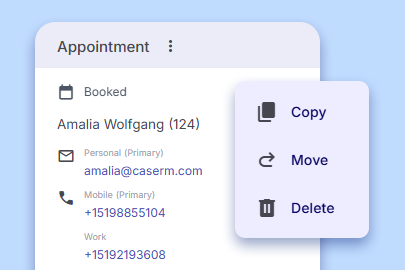 Screenshot of appointment sidebar showing options to copy and reschedule appointments