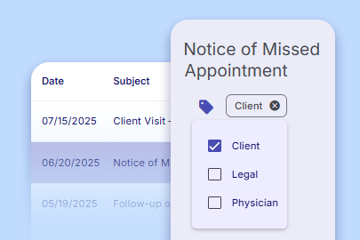Screenshot of CaseRM's correspondence tagging feature with tag selector and correspondence list