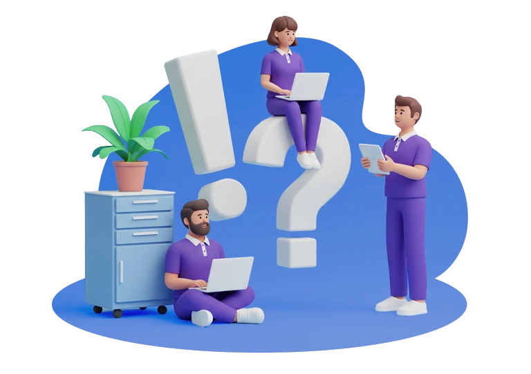 Illustration of three people using devices with a question mark and an exclamation mark floating around, representing frequently asked questions and answers
