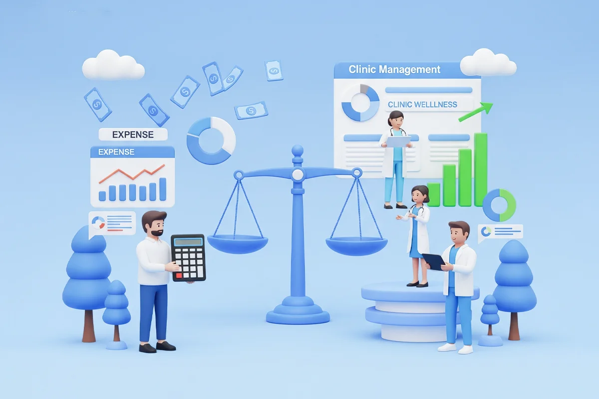 Medical professionals evaluating costs and benefits of practice management software around a scale