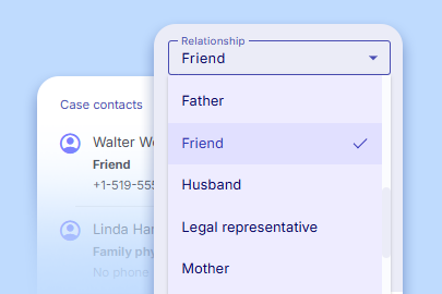 Screenshot showing relationship selector and list of case contacts