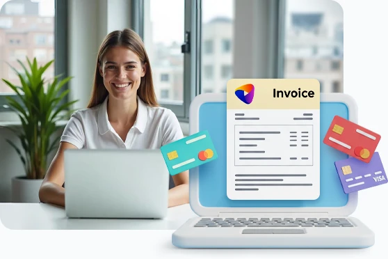 Office administrator smiling while working on a laptop, with an invoice displayed on a second laptop—representing a three-stage billing process.