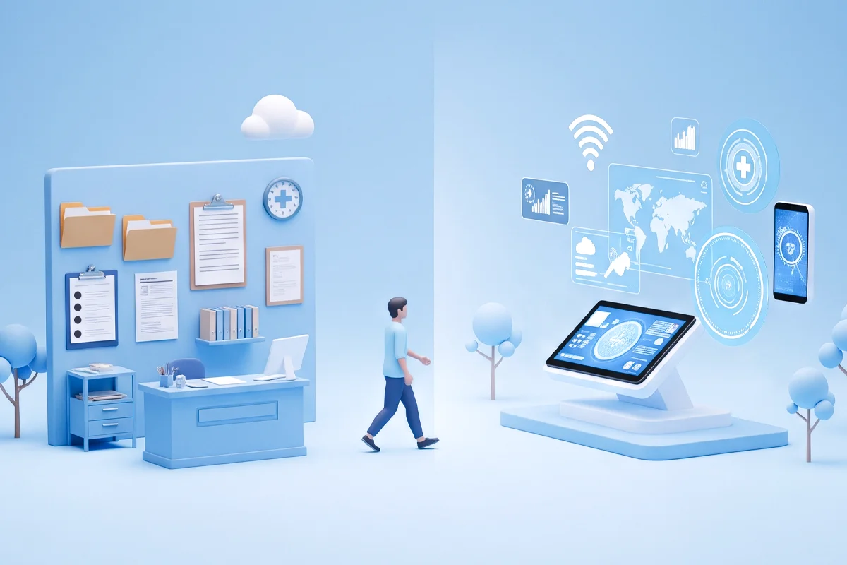Person crossing from a traditional office space to a digital clinic environment, representing adaptive case management