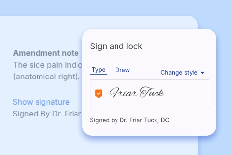 Illustration of a sign-and-clock modal with a handwritten-style digital signature and an amendment note in the background, representing record keeping standards.