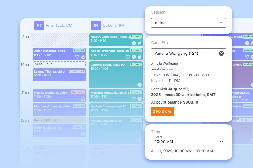 Illustration of CaseRM calendar filled with appointments, with a new appointment screen overlaying the schedule